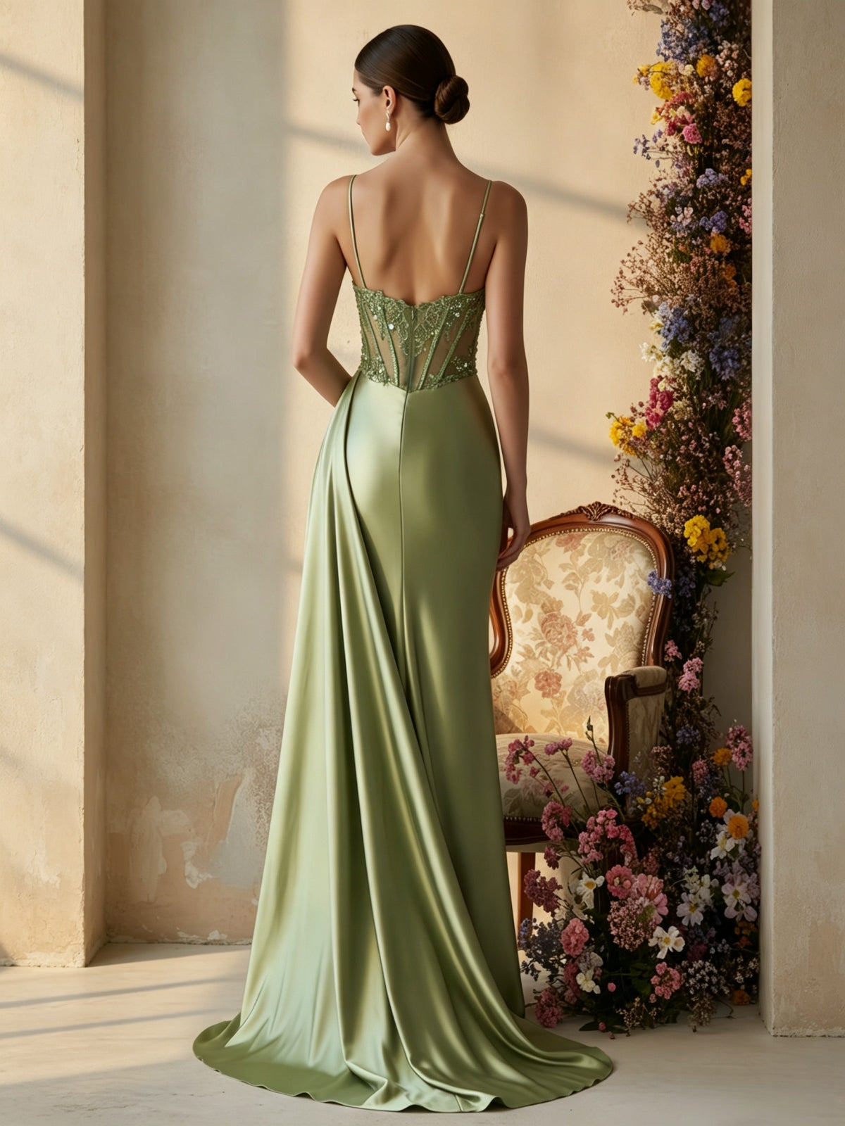 Spaghetti Strap Sequin Corset Evening Gown with High Slit
