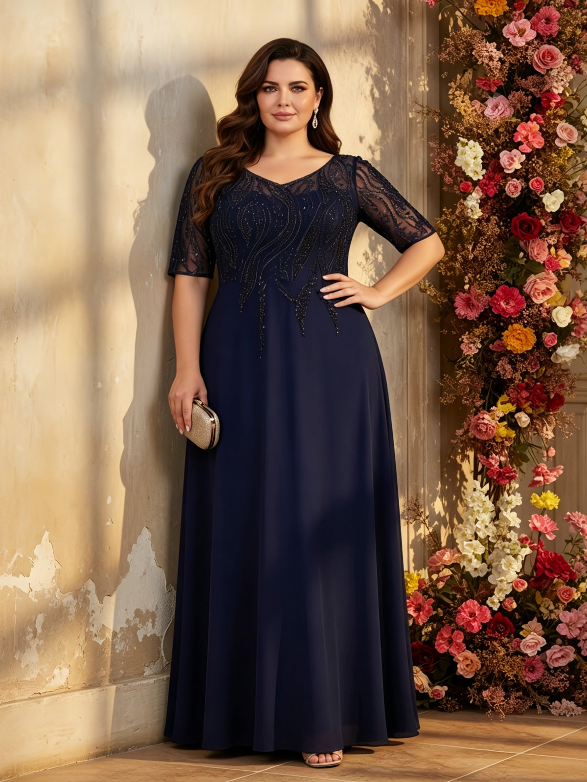 Elegant V-Neck Half Sleeve Evening Gown with Beaded Bodice