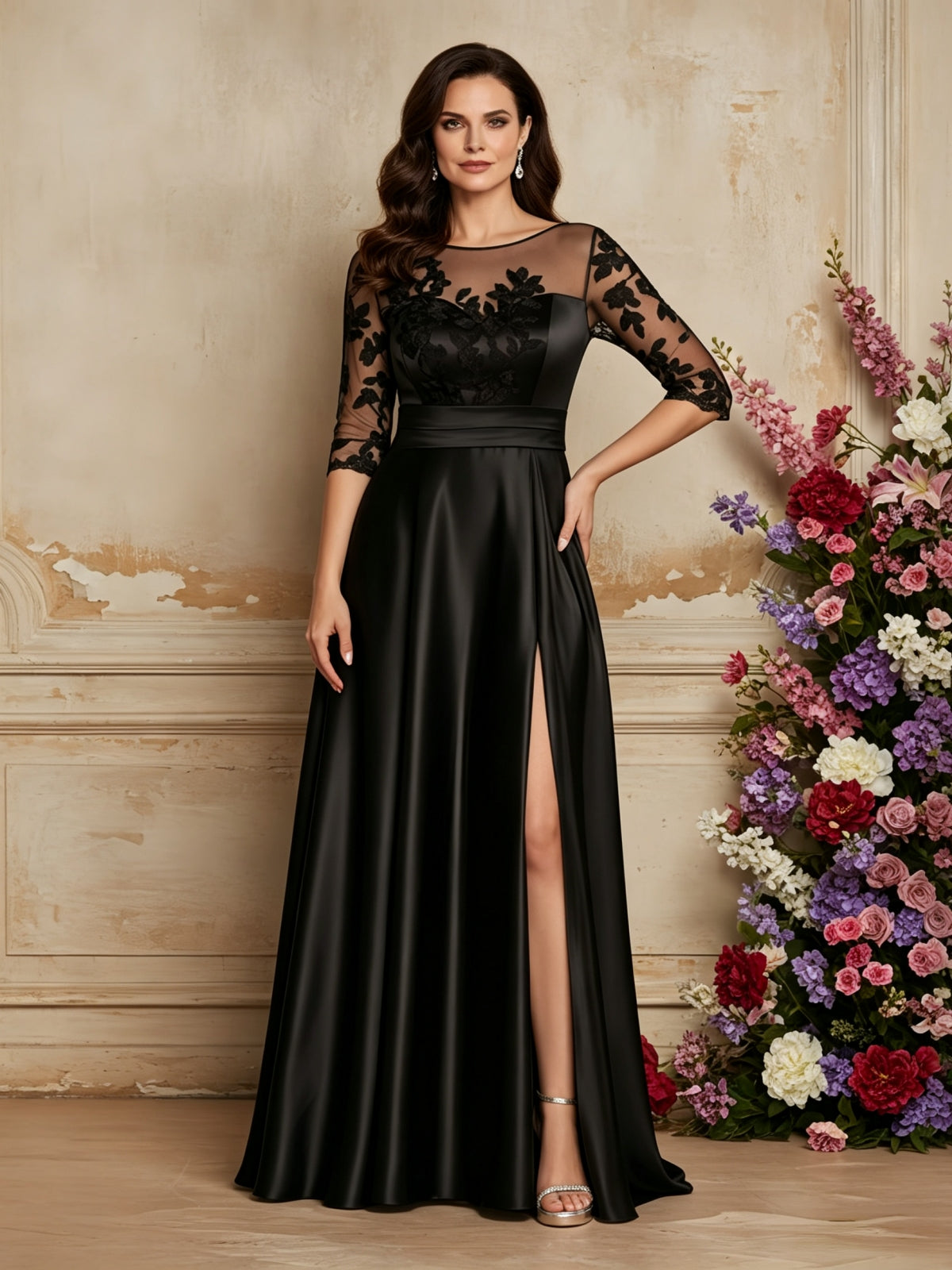Elegant Illusion Lace Bodice Gown with 3/4 Sleeves and Slit