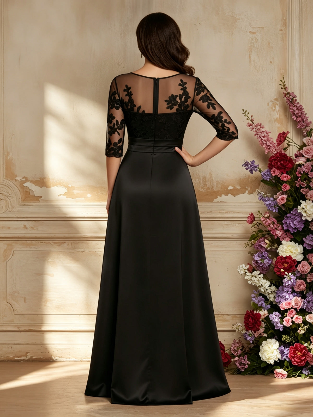 Elegant Illusion Lace Bodice Gown with 3/4 Sleeves and Slit