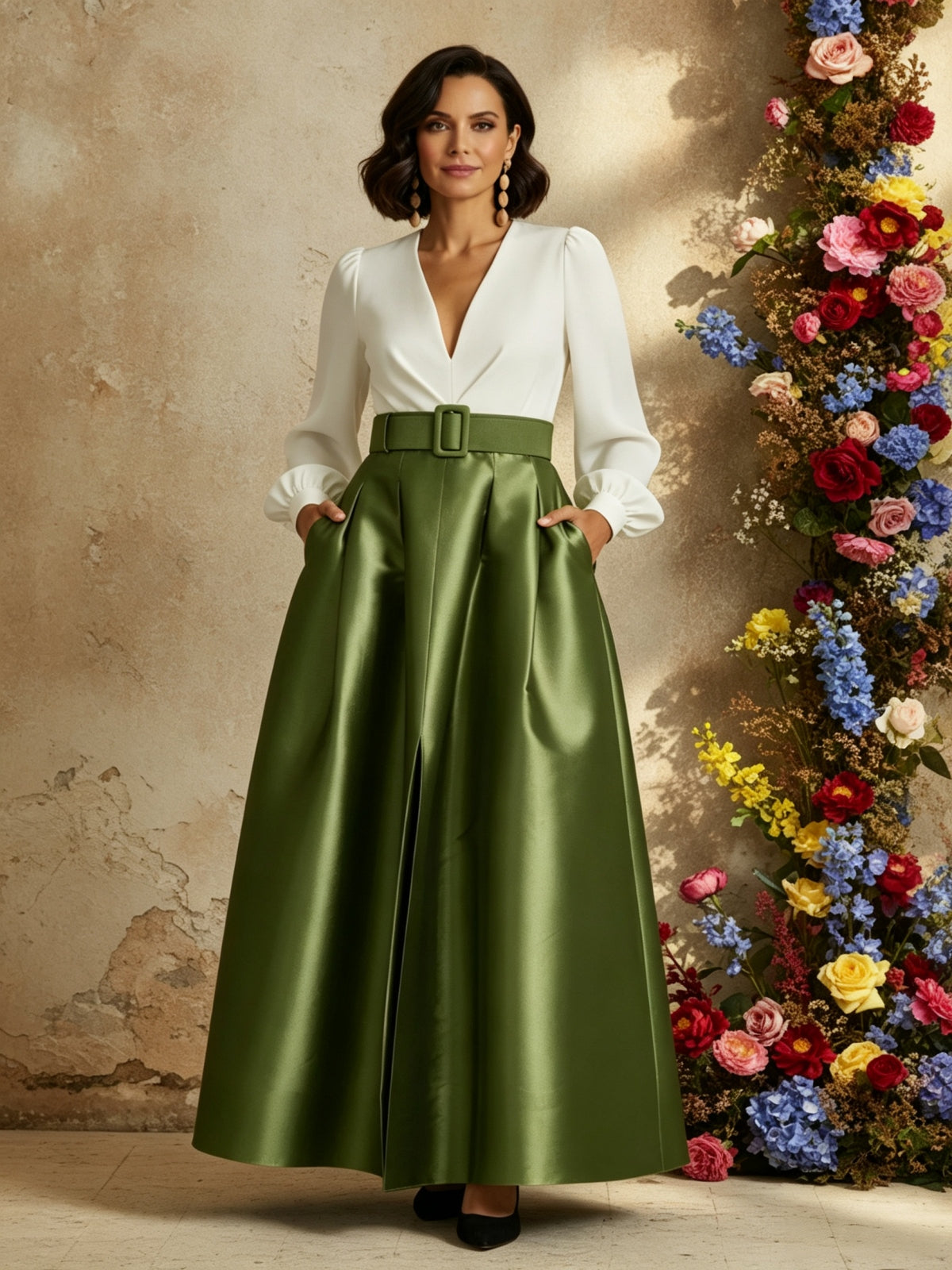 Elegant V-Neck Long Sleeve Gown with Belted Waist and Back Bow