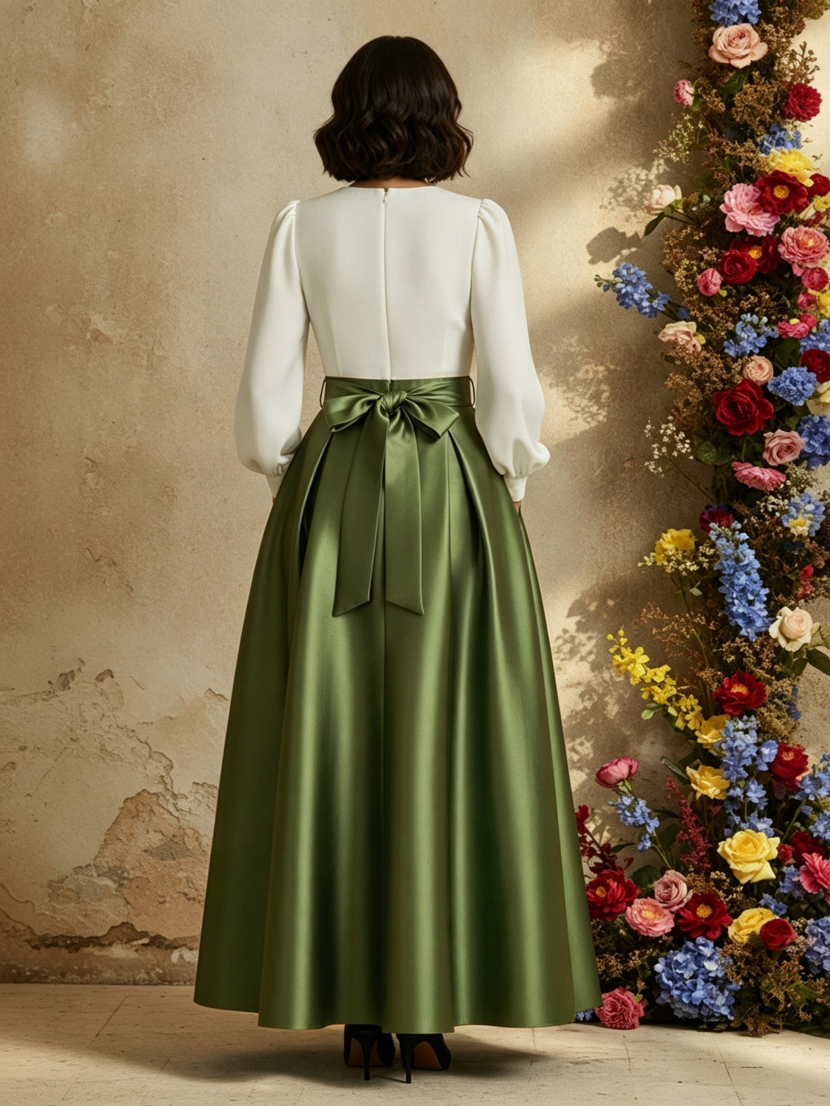 Elegant V-Neck Long Sleeve Gown with Belted Waist and Back Bow