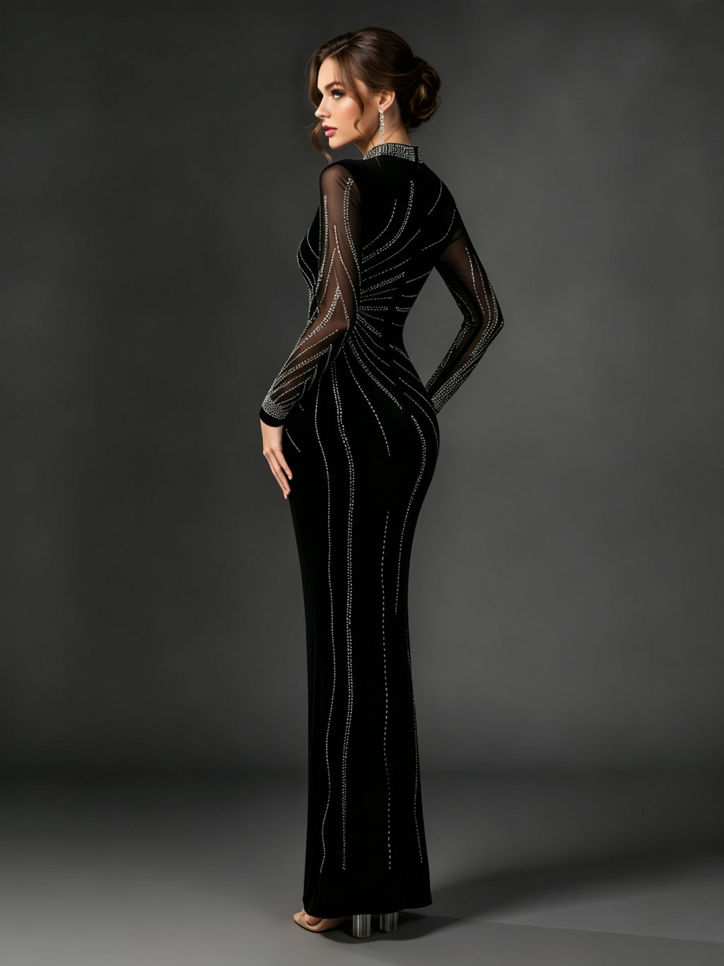 Rhinestone Embellished Long Sleeve Mermaid Gown with Slit