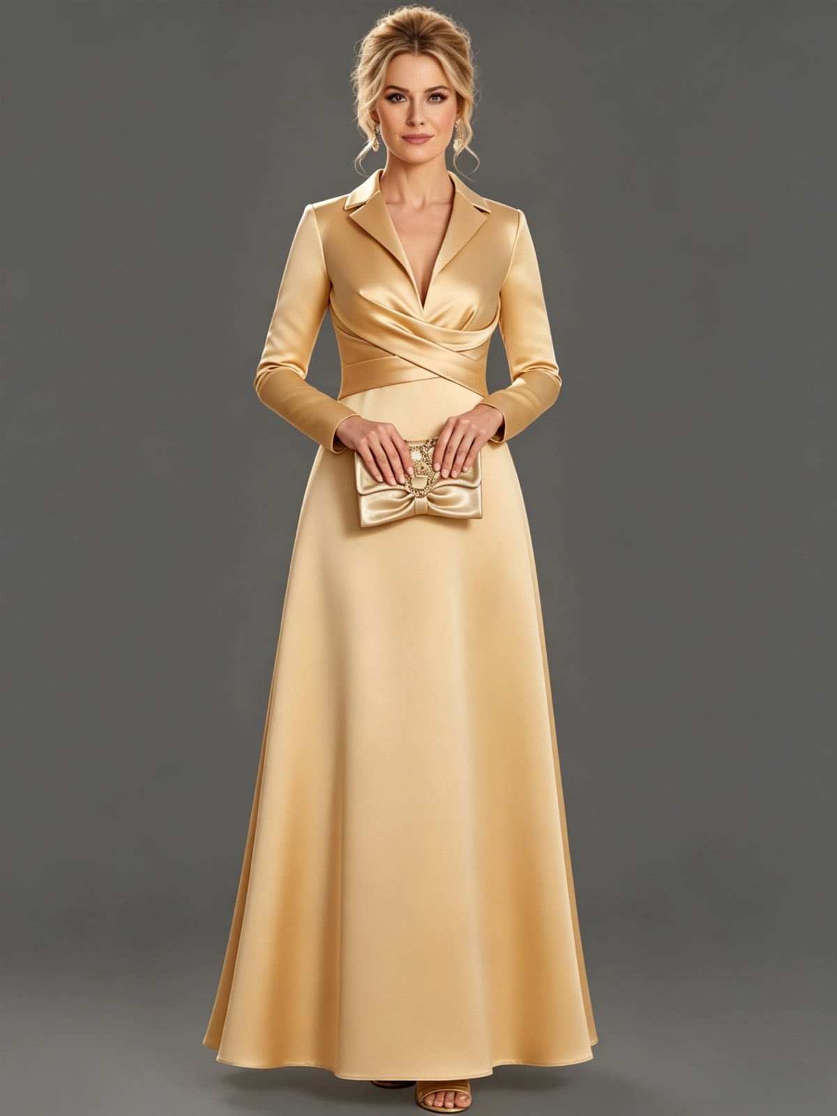 Sophisticated V-Neck Lapel Long Sleeve A-Line Evening Gown