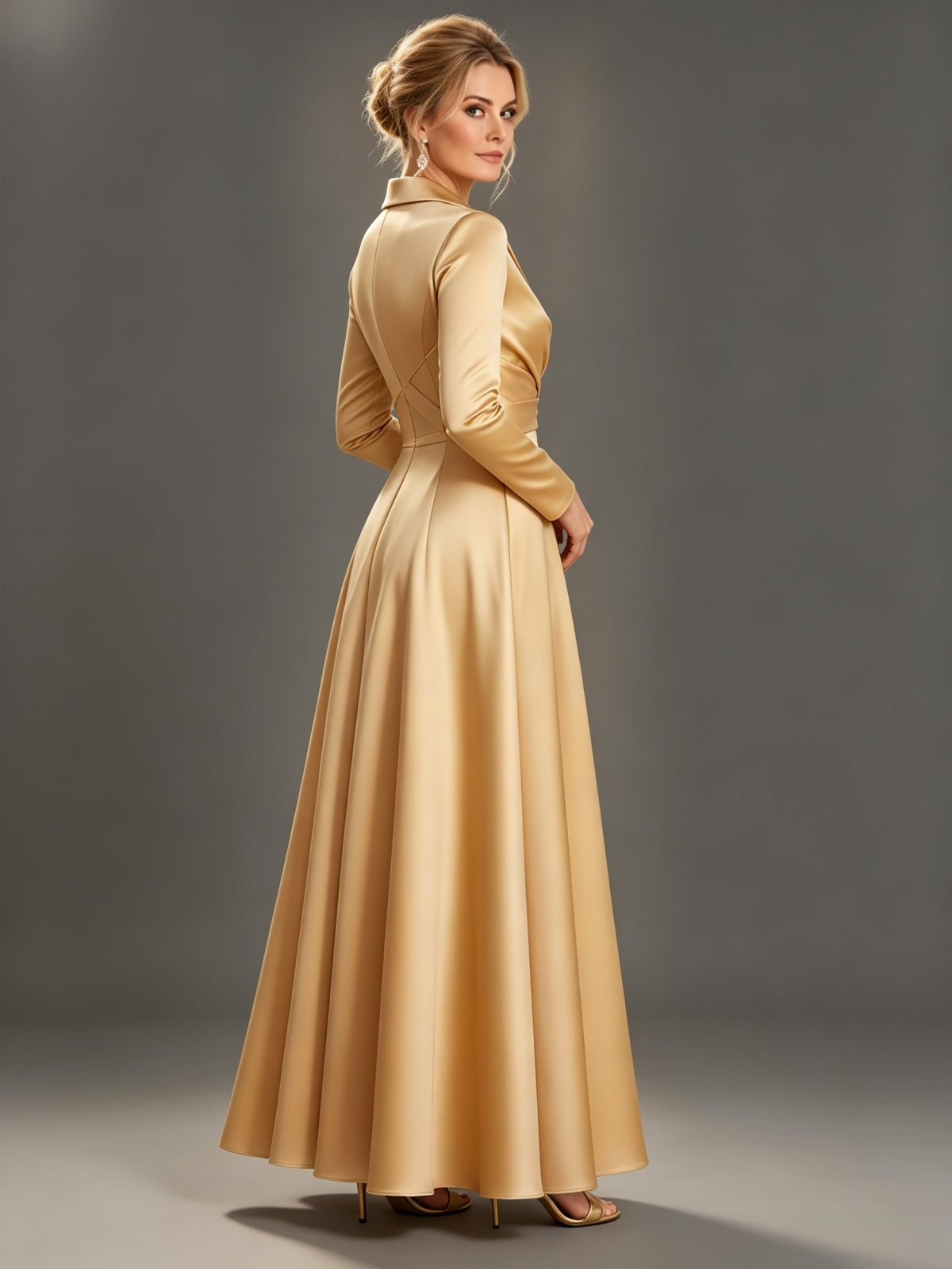 Sophisticated V-Neck Lapel Long Sleeve A-Line Evening Gown