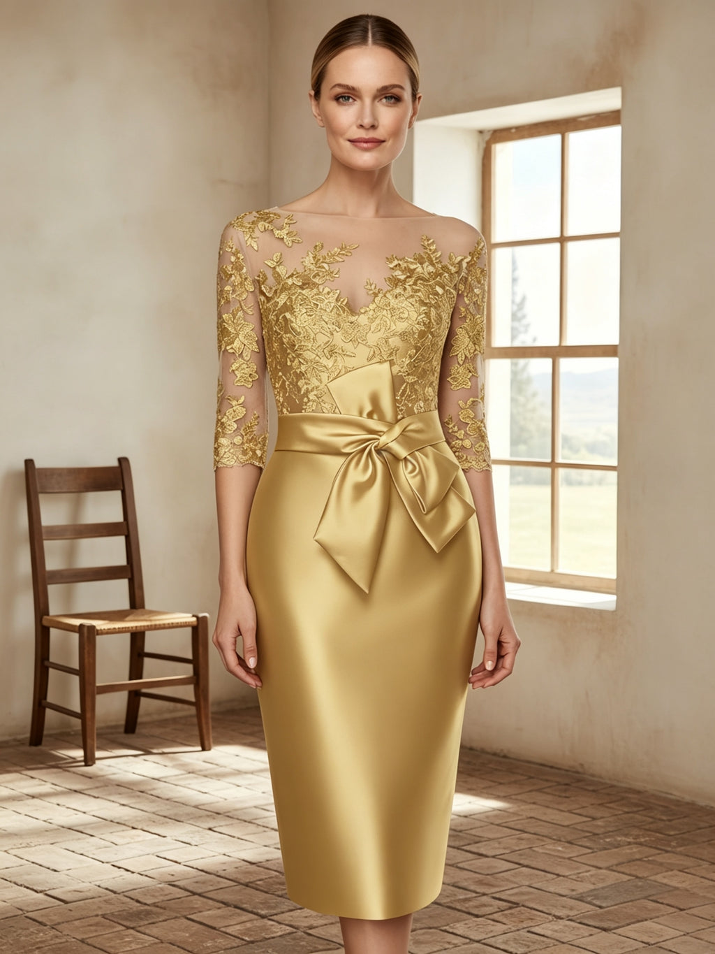 Vestido Midi Elegante com Corpete de Renda Ilusória e Laço Marcante