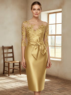 Vestido Midi Elegante com Corpete de Renda Ilusória e Laço Marcante