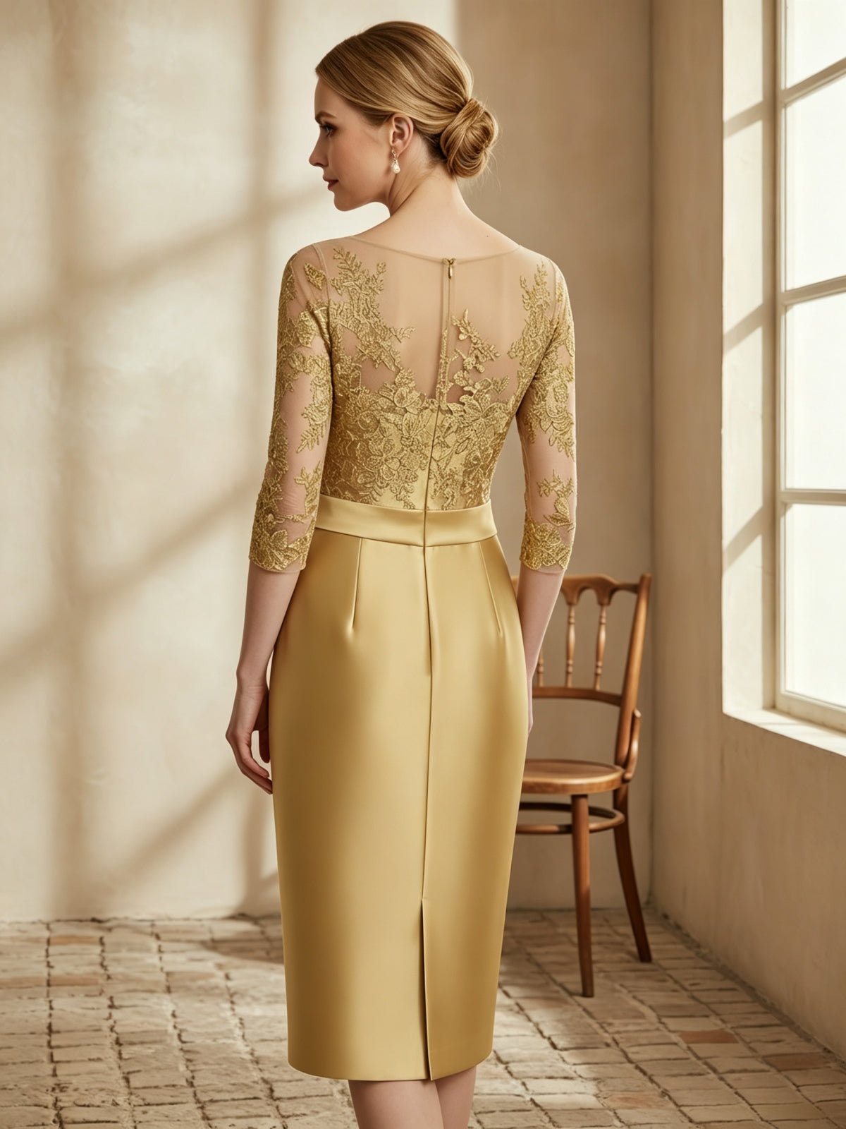 Elegant Lace Illusion Bodice Midi Dress with Statement Bow
