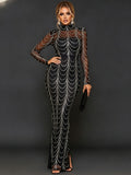 Draped Beaded Chain High Neck Long Sleeve Mermaid Gown