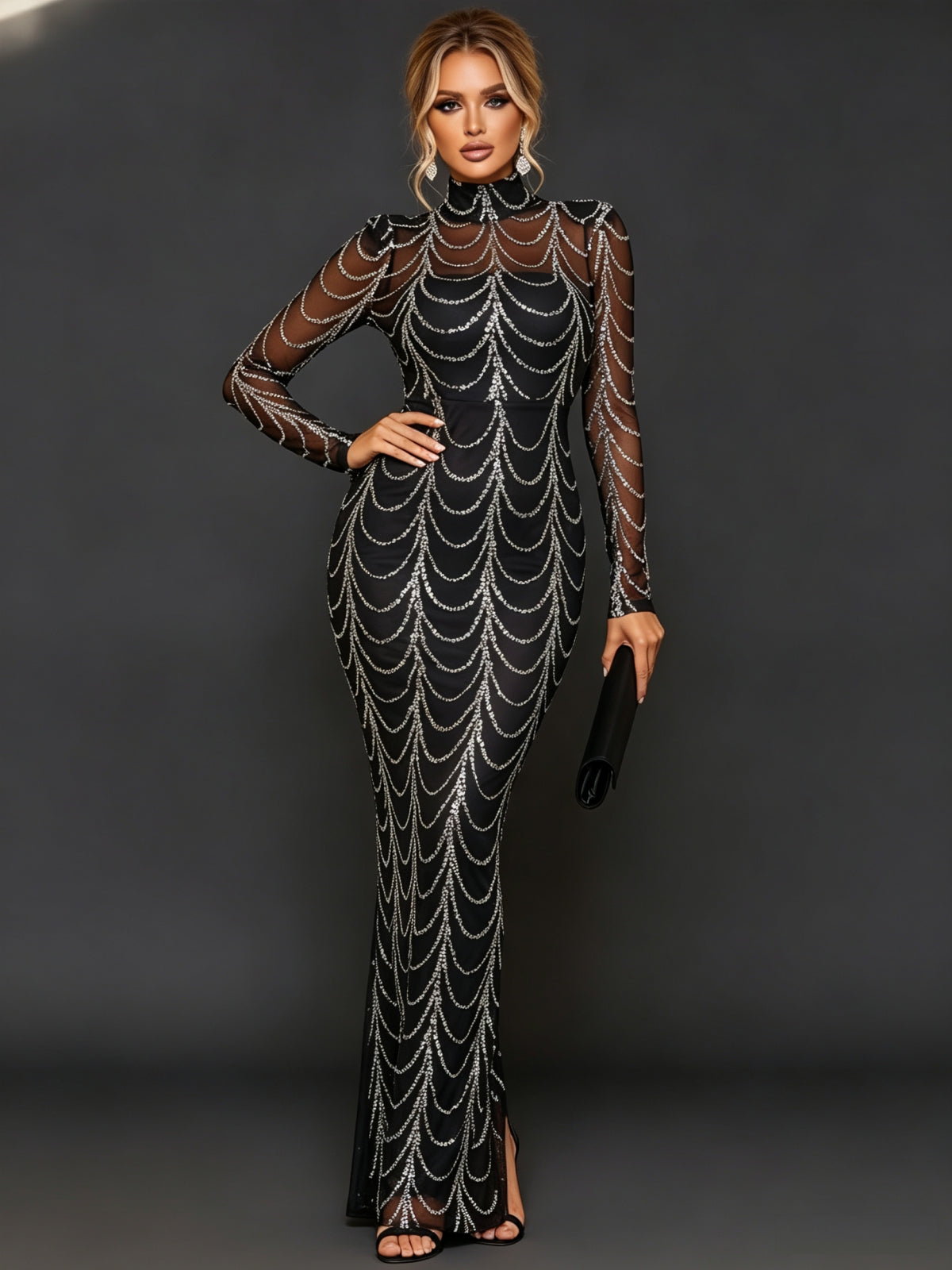 Drapierte Perlenkette Hochkragen Langarm-Mermaid-Kleid