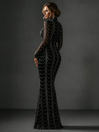 Draped Beaded Chain High Neck Long Sleeve Mermaid Gown