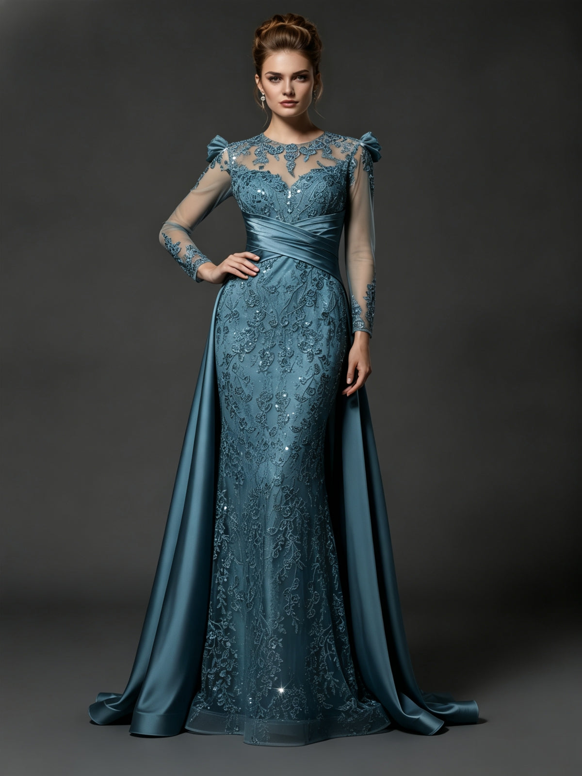 Elegant Lace Illusion Long Sleeve Mermaid Evening Gown with Train