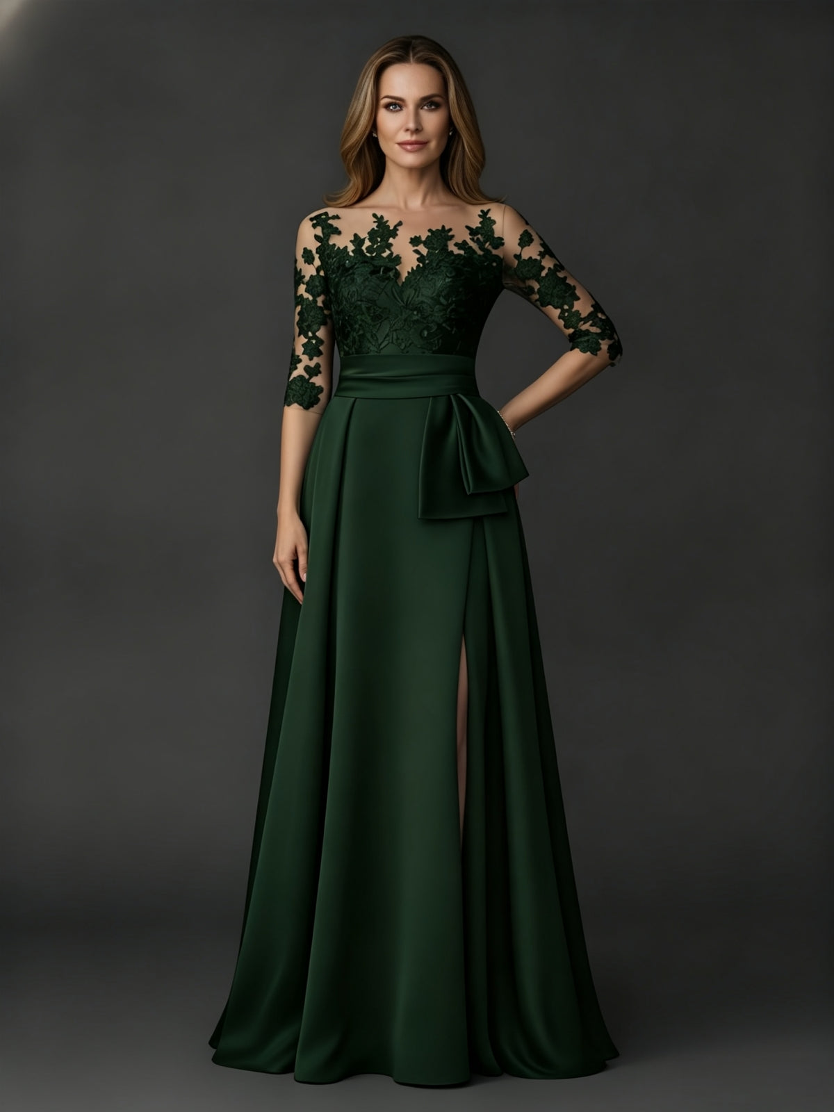 Elegant Lace Illusion Bodice Evening Gown with Bow
