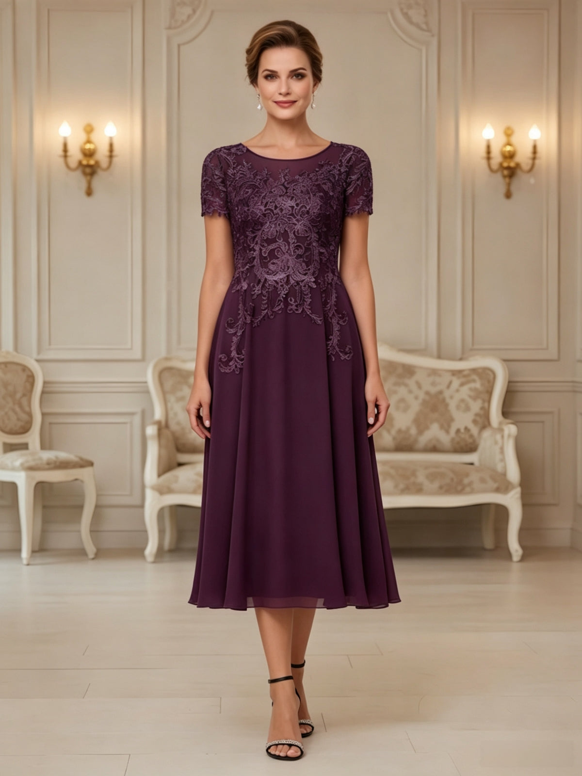 Elegant Lace Embroidery Illusion Neckline Midi Formal Dress