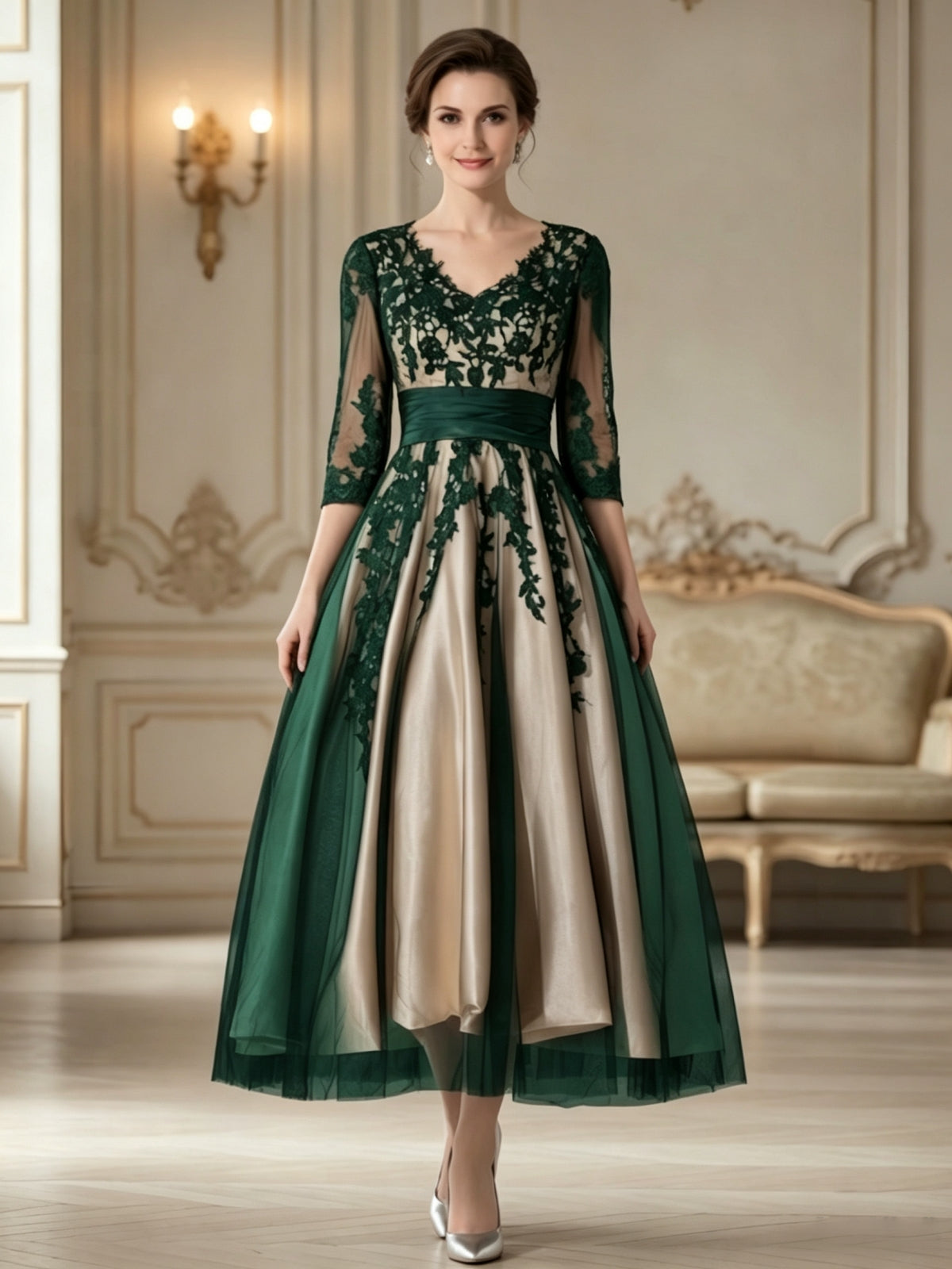 Elegant Floral Lace Applique Midi Dress with Sheer Sleeves