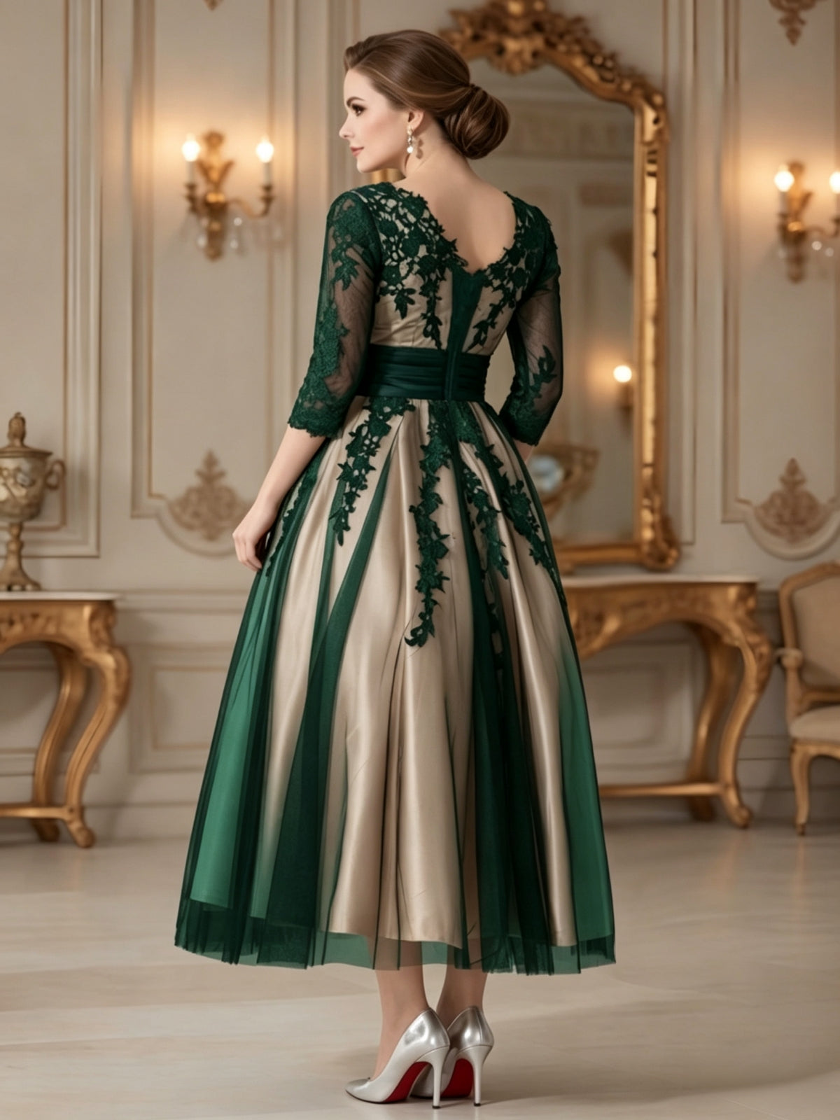 Elegant Floral Lace Applique Midi Dress with Sheer Sleeves