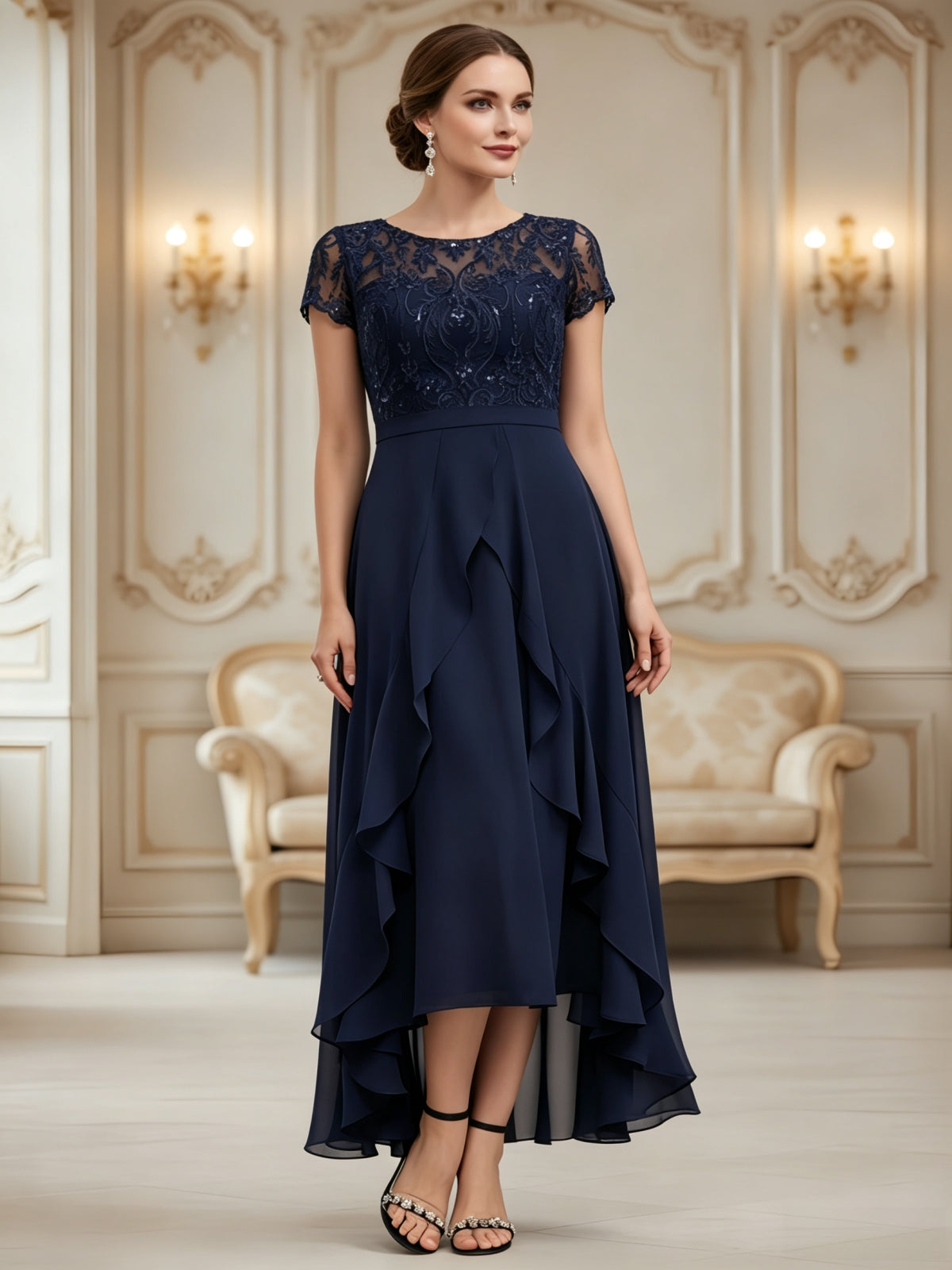 Elegant Lace Sequin Bodice High-Low Evening Dress with Sash