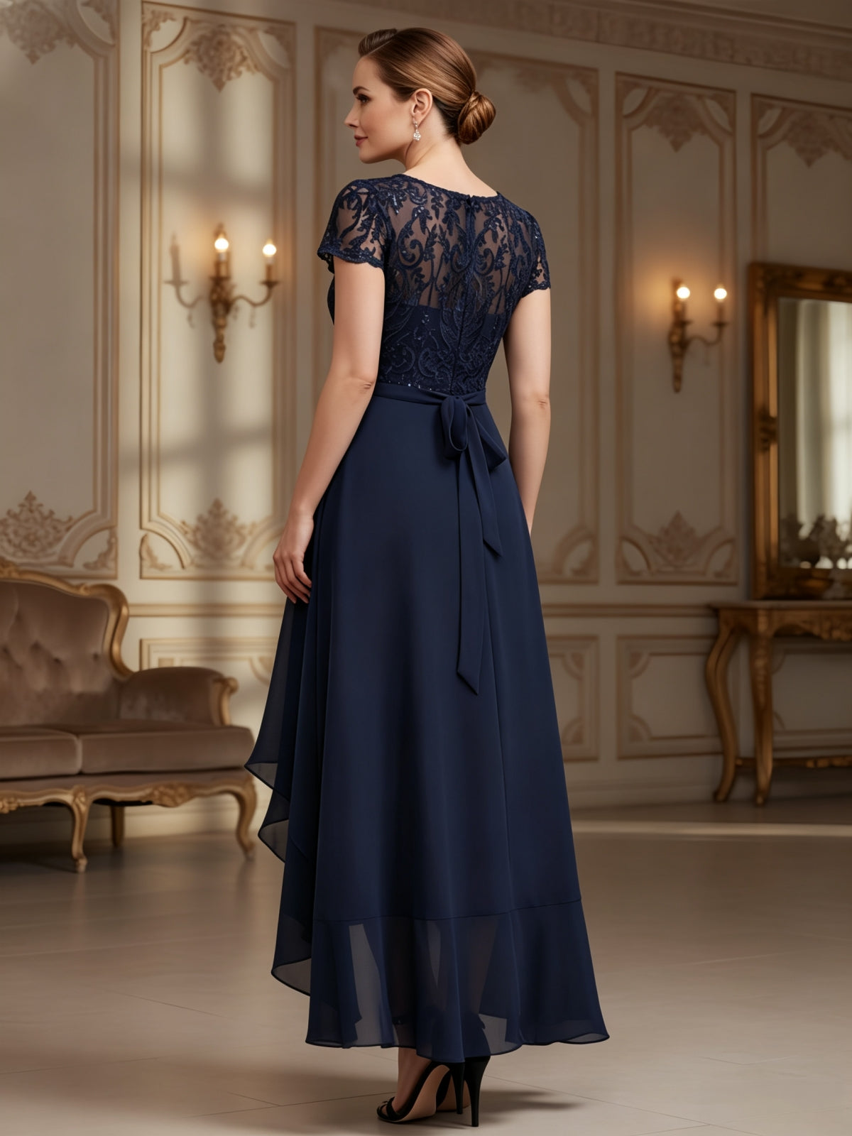 Elegant Lace Sequin Bodice High-Low Evening Dress with Sash
