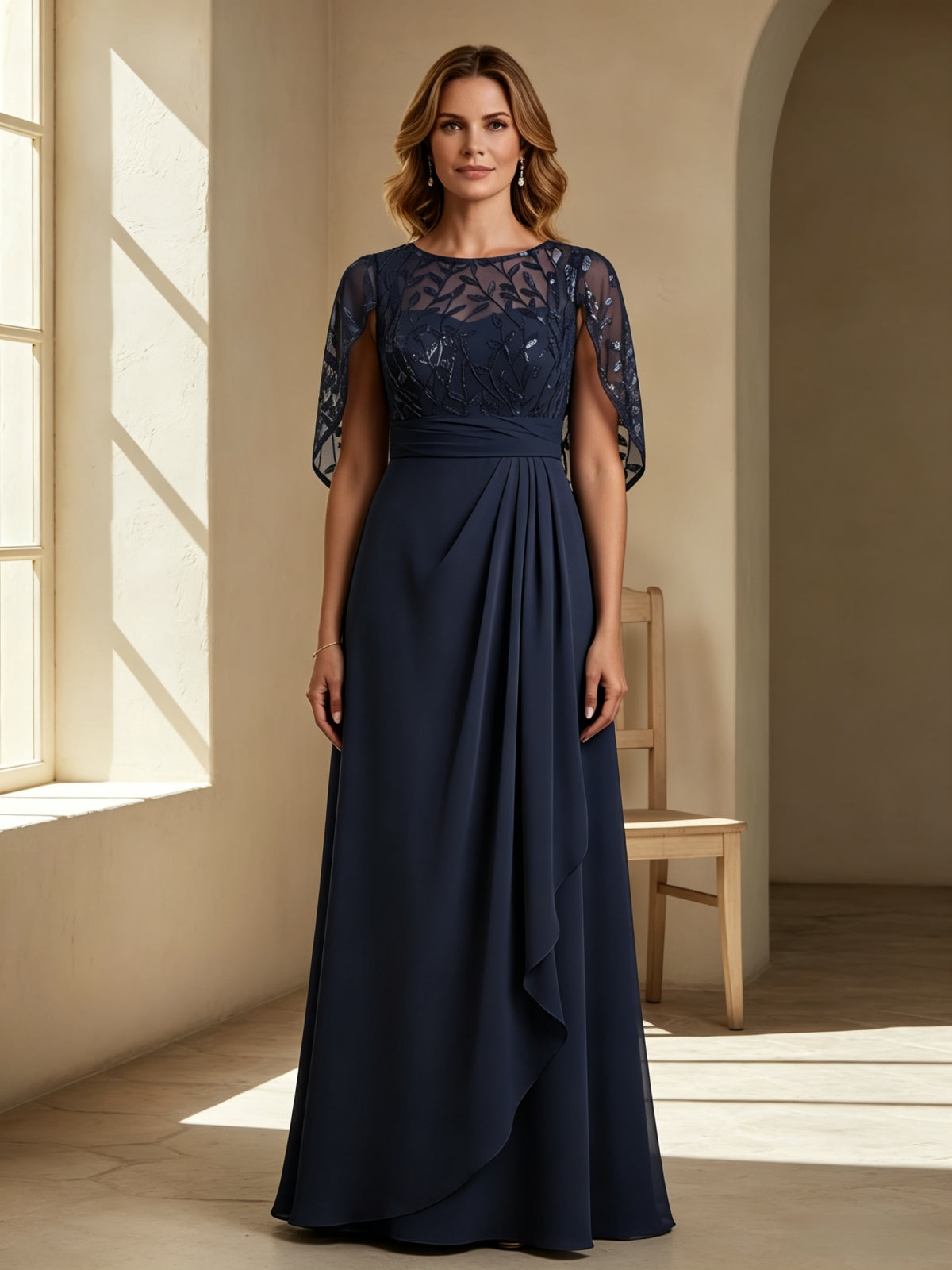 Elegant Embroidered Capelet Overlay Evening Gown with Ruched Waist