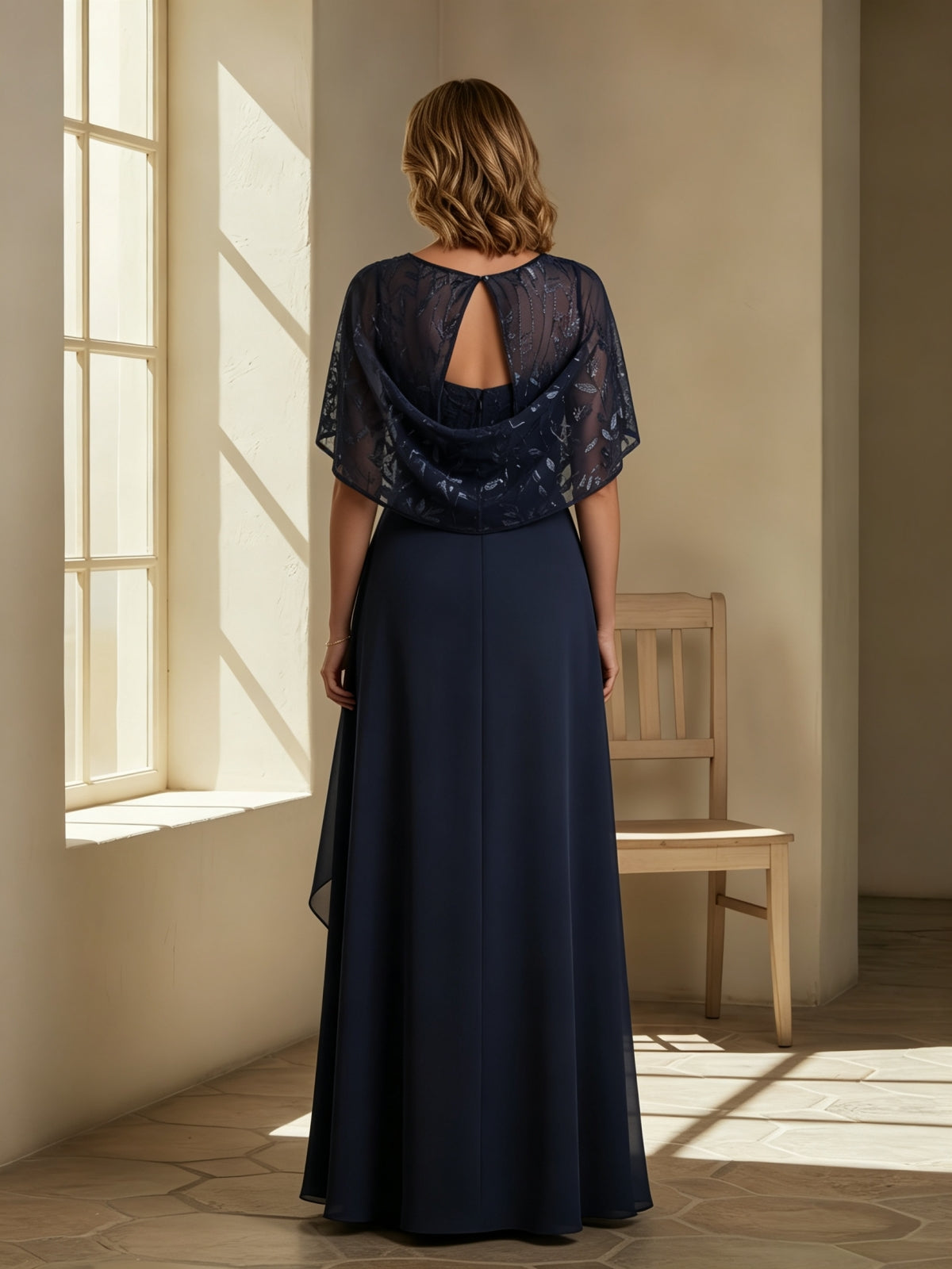 Elegant Embroidered Capelet Overlay Evening Gown with Ruched Waist