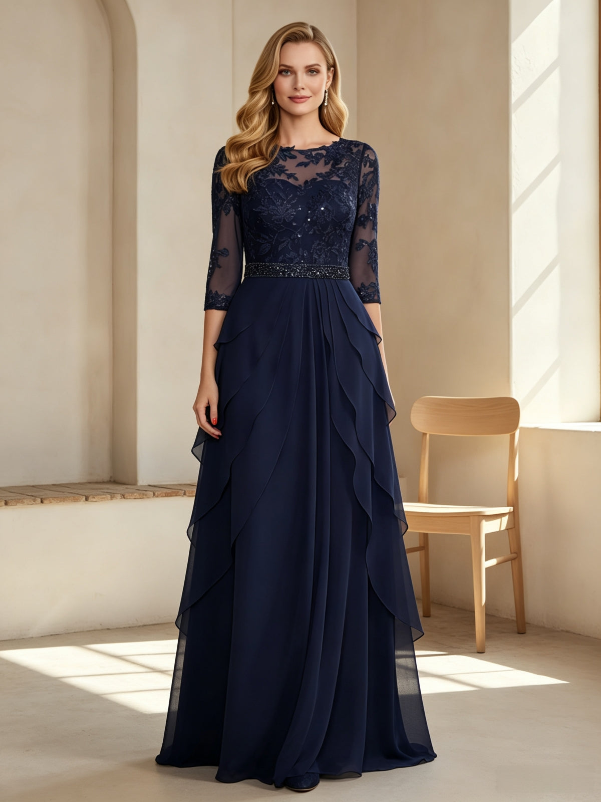 Elegant Lace Sequin Bodice Tiered Skirt Evening Gown