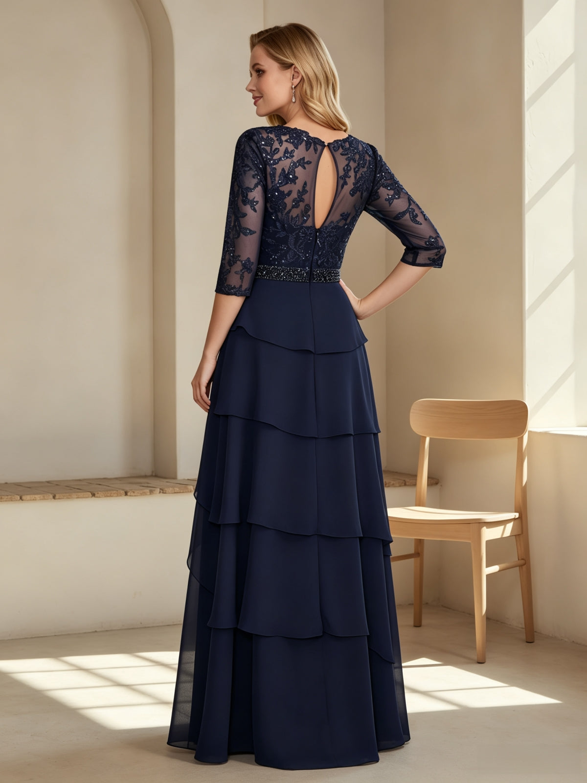 Elegant Lace Sequin Bodice Tiered Skirt Evening Gown