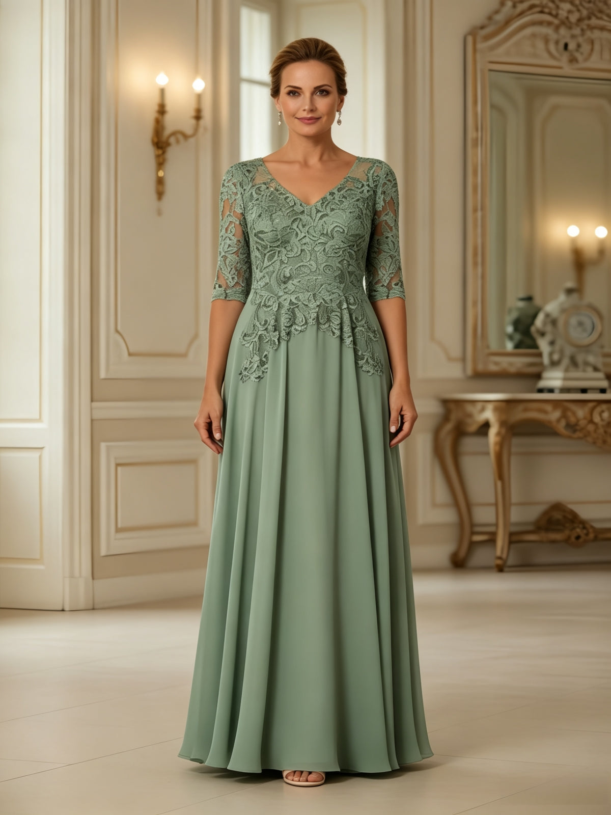 Elegant Floral Lace Applique A-Line Floor-Length Evening Gown