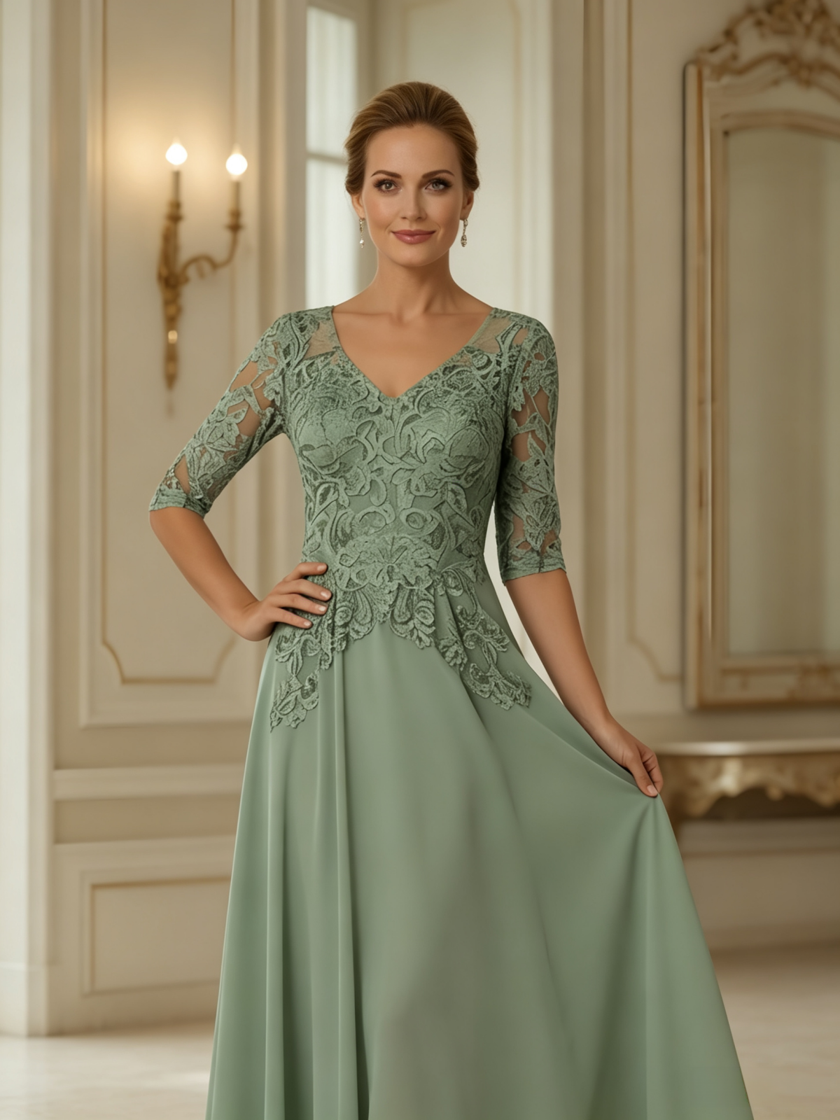 Elegant Floral Lace Applique A-Line Floor-Length Evening Gown