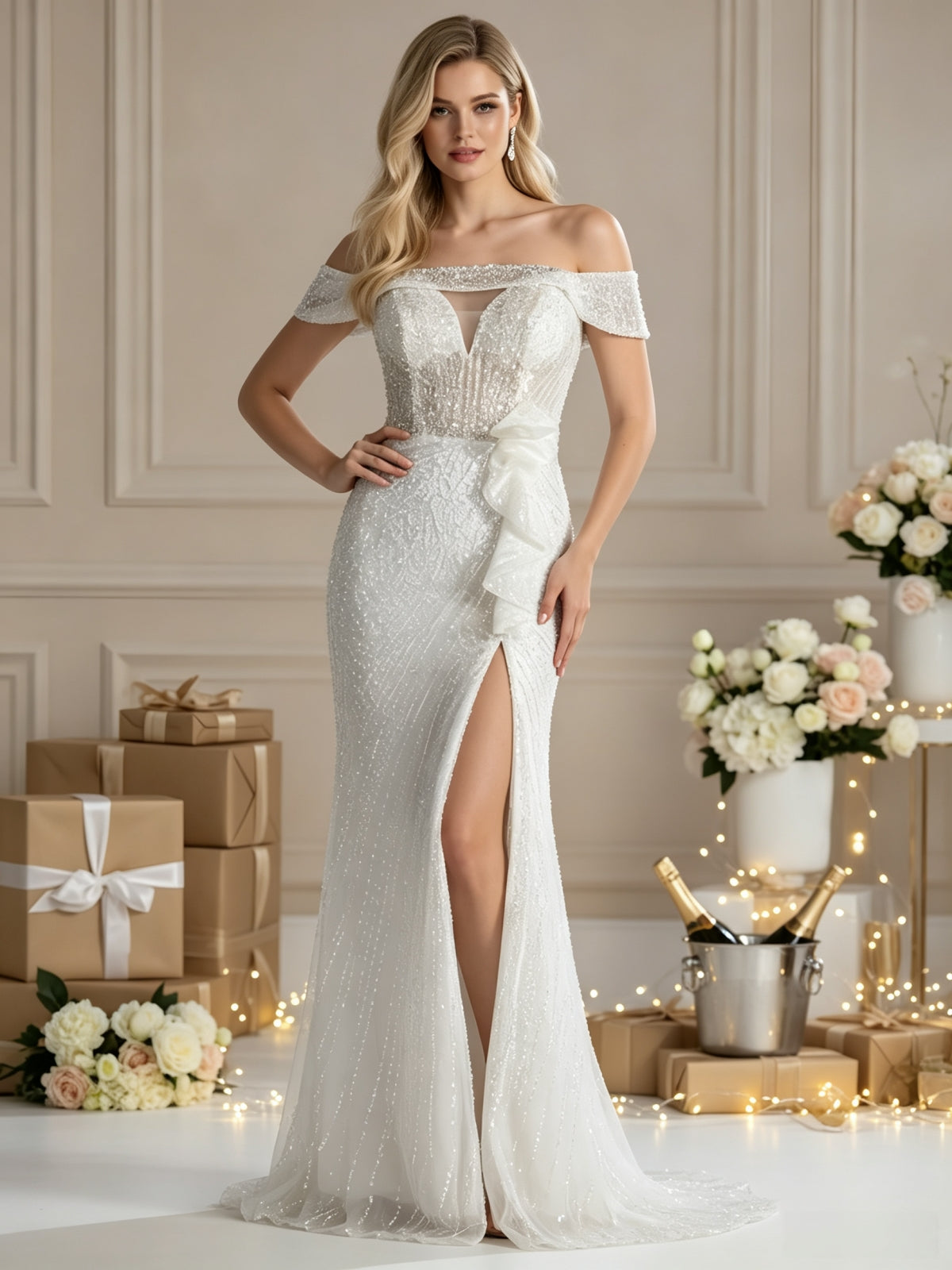 Elegant Off-Shoulder Beaded Corset Evening Gown with Slit