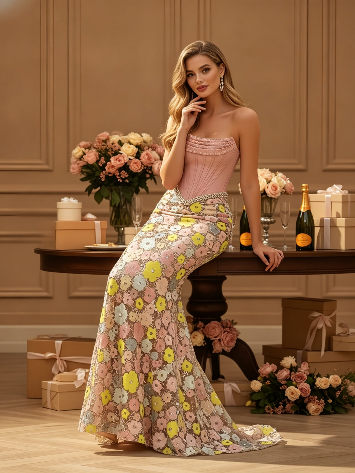 Strapless Corset Bodice Floral Applique Mermaid Evening Gown