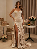 Strapless Corset Bodice Satin Evening Gown with Ruffled Skirt