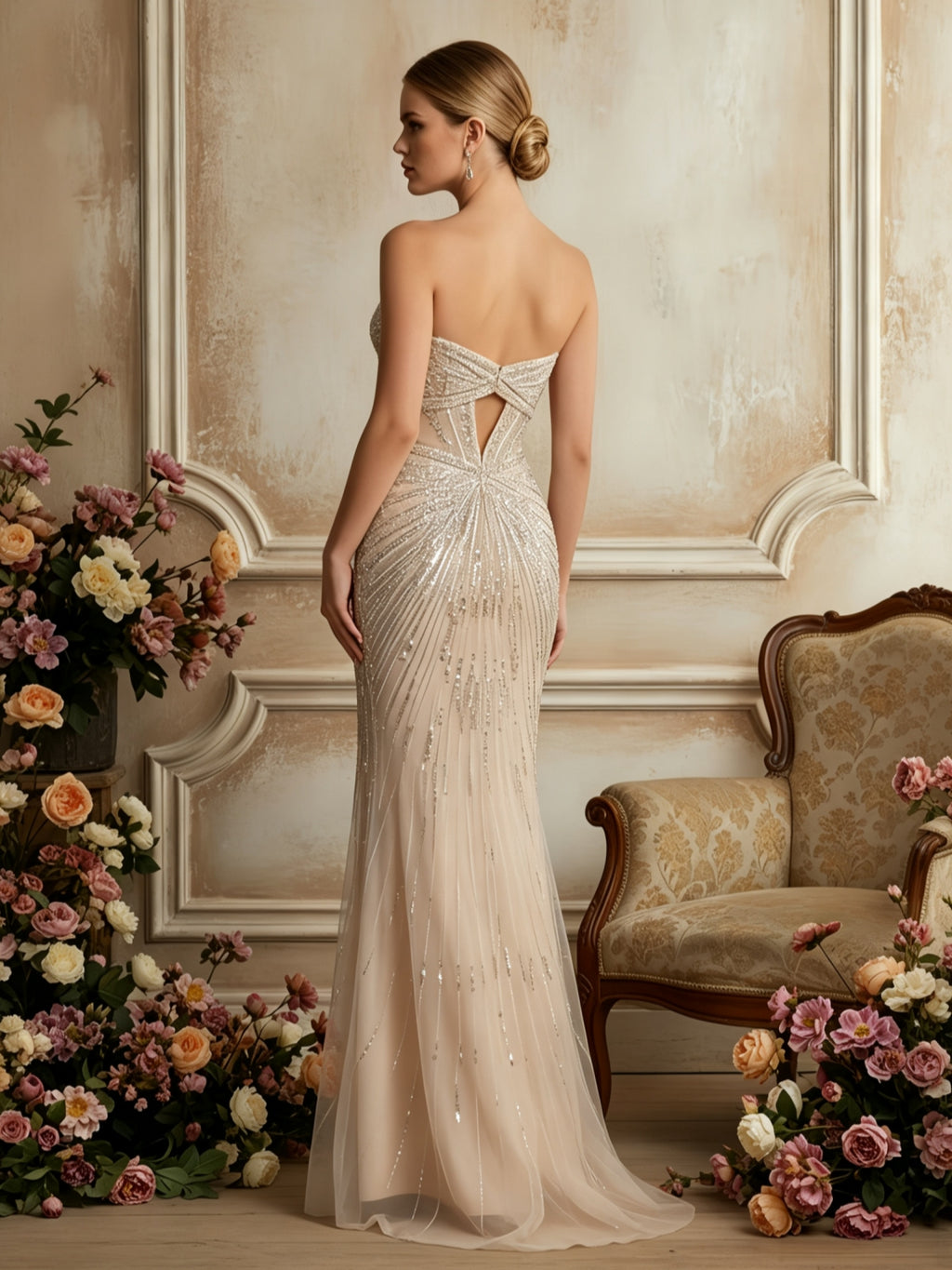 Vestido Elegante Tomara que Caia com Detalhes Bordados e Recorte Ilusório