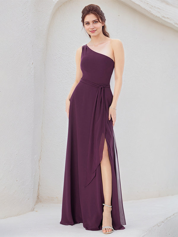 A Line Orchid Chiffon One Shoulder Sleeveless Floor Length Dress With High Slit