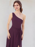 A Line Orchid Chiffon One Shoulder Sleeveless Floor Length Dress With High Slit