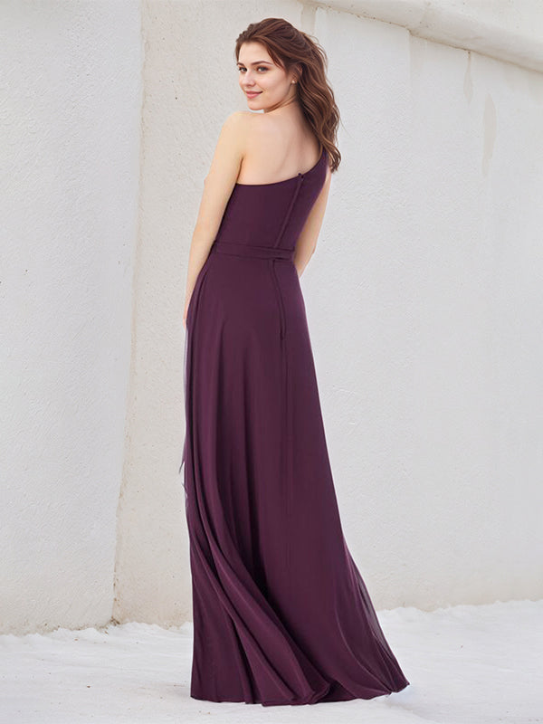 A Line Orchid Chiffon One Shoulder Sleeveless Floor Length Dress With High Slit