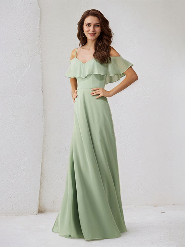 A Line Sage Chiffon Spaghetti Straps Short Sleeves Floor Length Dress