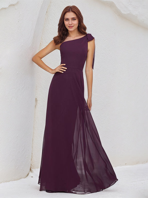 A Line Orchid Chiffon One Shoulder Sleeveless Floor Length Dress