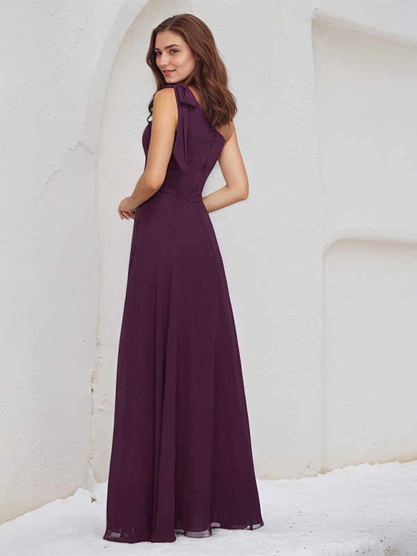 A Line Orchid Chiffon One Shoulder Sleeveless Floor Length Dress