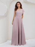 A Line Pink Chiffon One Shoulder Short Sleeves Floor Length Dress