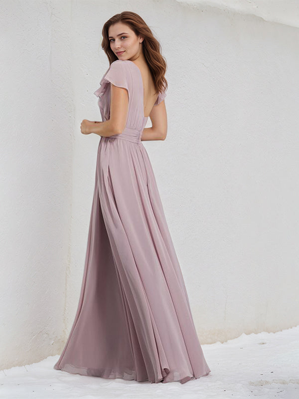 A Line Pink Chiffon One Shoulder Short Sleeves Floor Length Dress