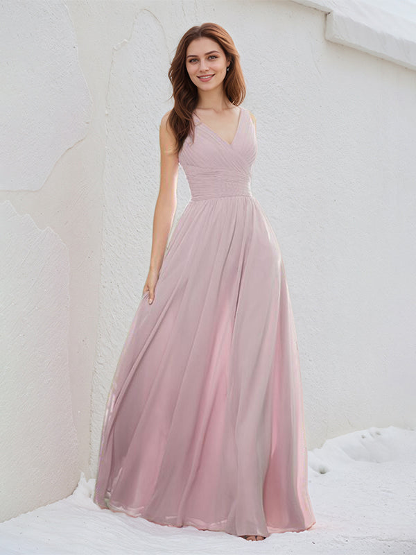 A Line Pink Chiffon V Neck Short Sleeves Floor Length Dress