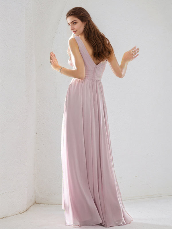 A Line Pink Chiffon V Neck Short Sleeves Floor Length Dress
