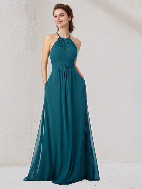 A Line Aqua Blue Chiffon Halter Neck Sleeveless Floor Length Dress