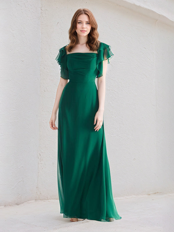 A Line Dark Green Chiffon Square Neck Floor Length Dress With Ruffle Sleeves