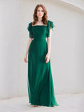 A Line Dark Green Chiffon Square Neck Floor Length Dress With Ruffle Sleeves