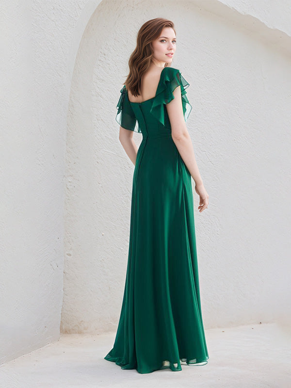 A Line Dark Green Chiffon Square Neck Floor Length Dress With Ruffle Sleeves