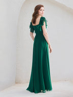 A Line Dark Green Chiffon Square Neck Floor Length Dress With Ruffle Sleeves