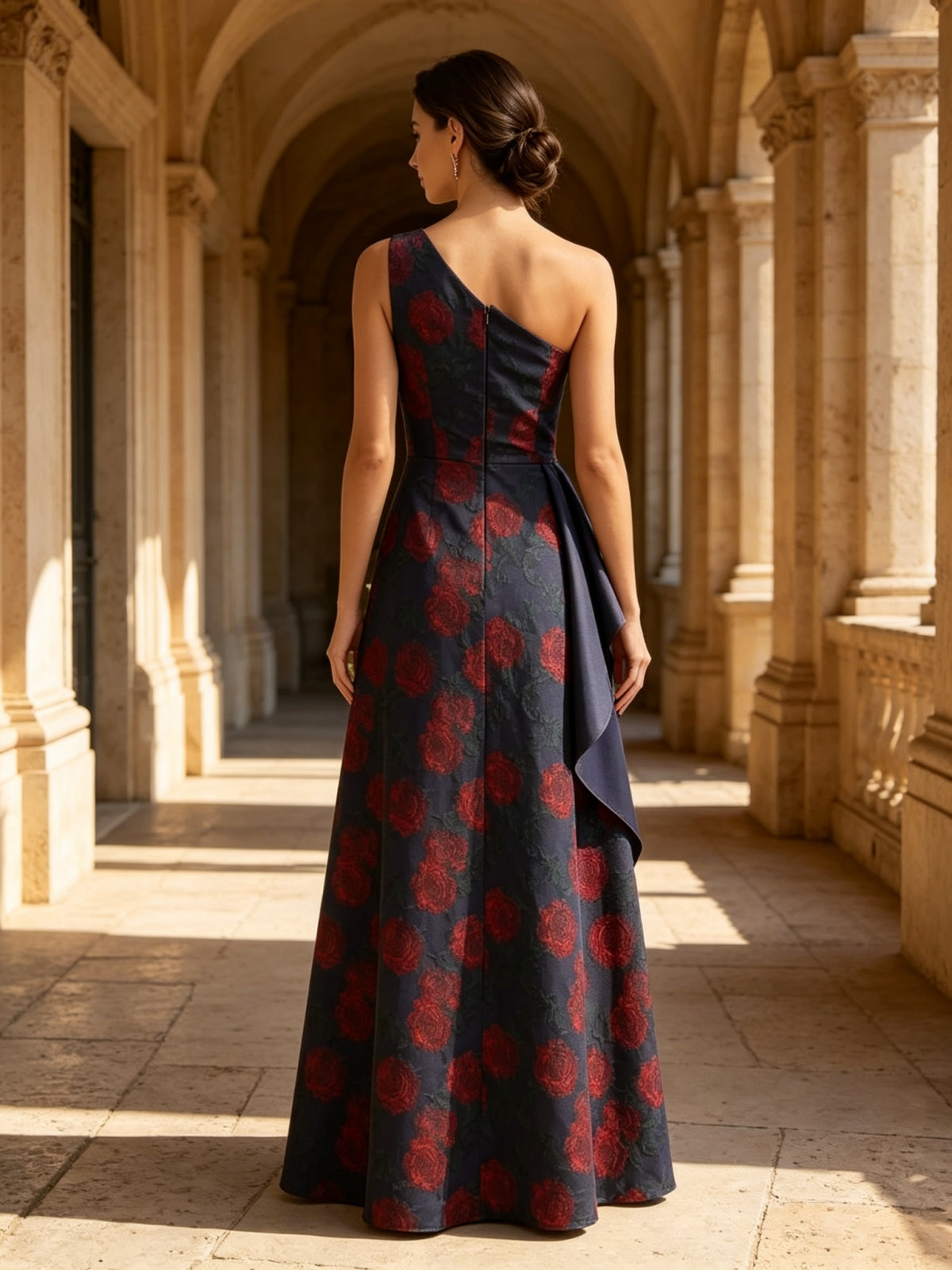 One-Shoulder Red Rose Brocade Cascading Mother of Bride Dress