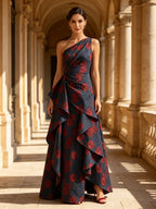 One-Shoulder Red Rose Brocade Cascading Mother of Bride Dress