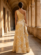 One-Shoulder Gold Floral Brocade Cascading Mother of Bride Dress